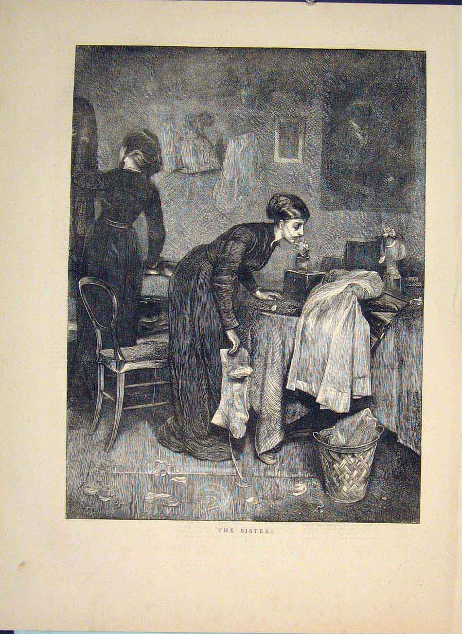 Original Old Antique Print The Sisters Sister Fine Art 1871 19th