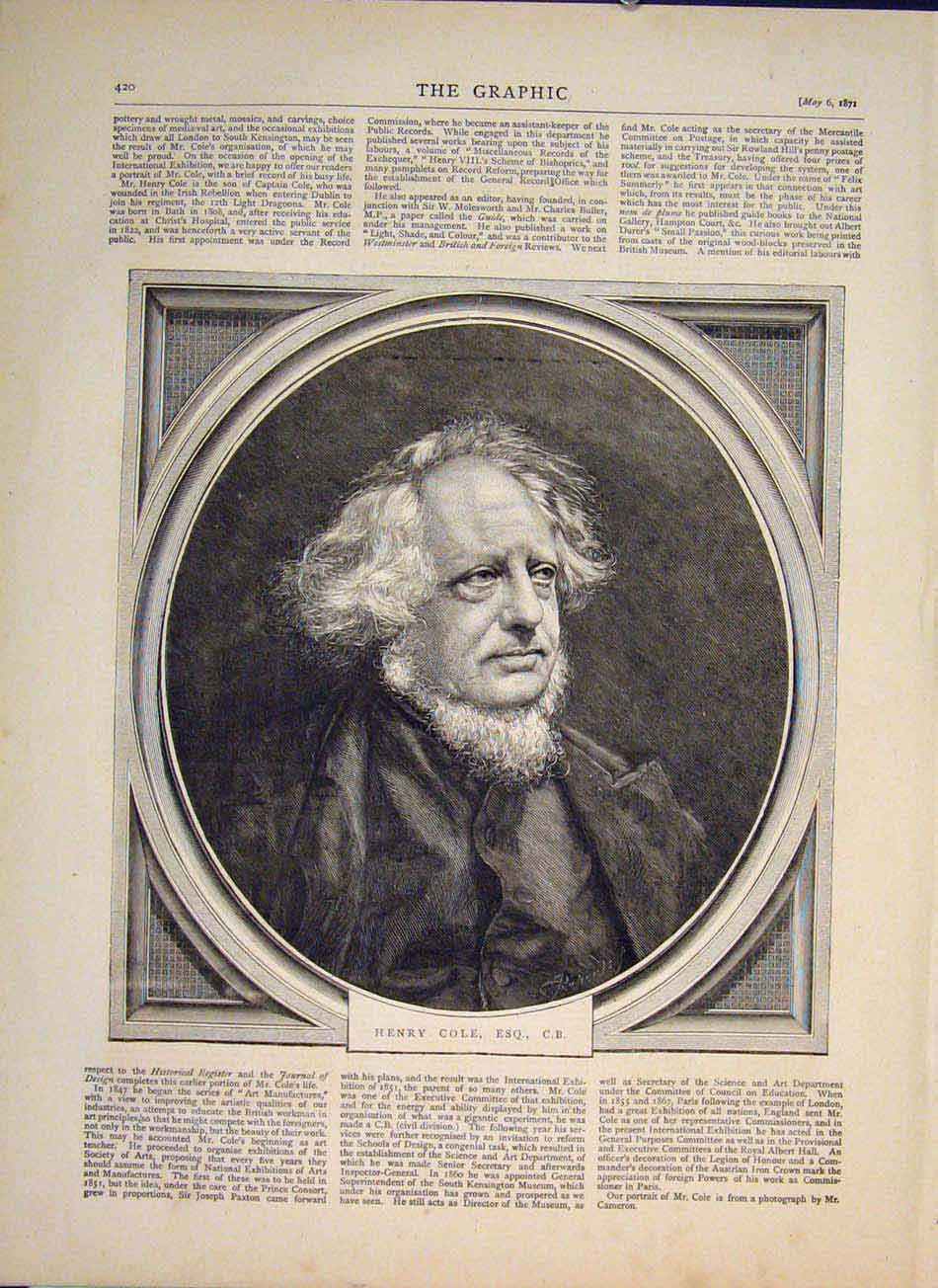Original Old Antique Print Portrait Henry Cole London England 1871 Victorian