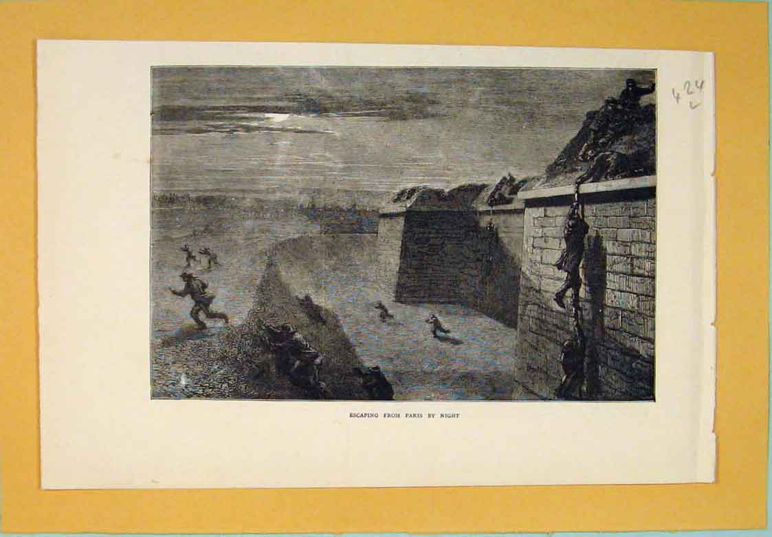 Original Old Antique Print Paris Escaping By Night France 1871 19th