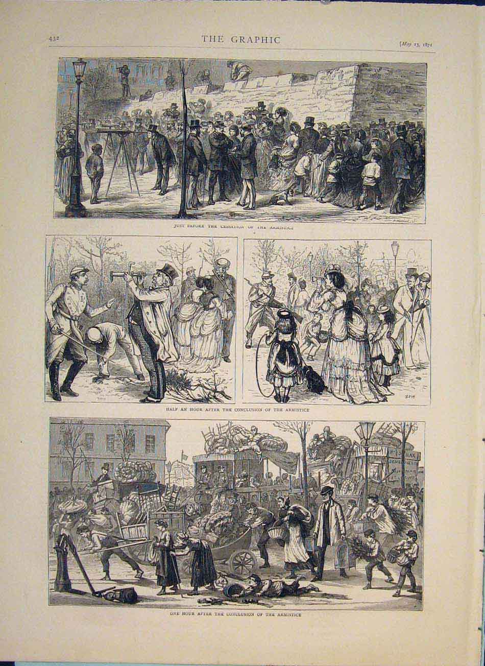 Original Old Antique Print Armstice Neuilly France March 25Th 1871
