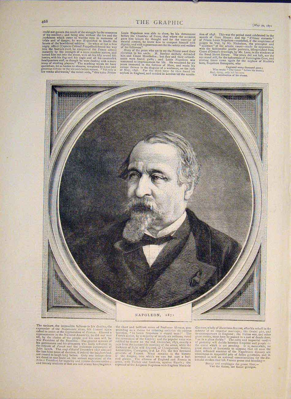 Original Old Antique Print Portrait Napoleon Bonaparte 1871 Fine Art Victorian