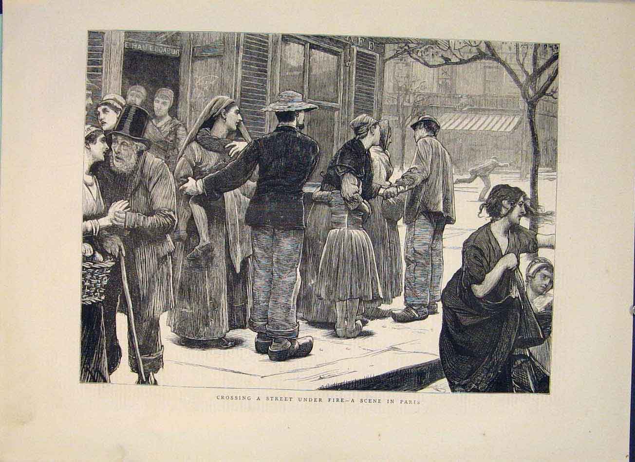 Original Old Antique Print Paris France Commune Street Under Fire 1871 Victorian