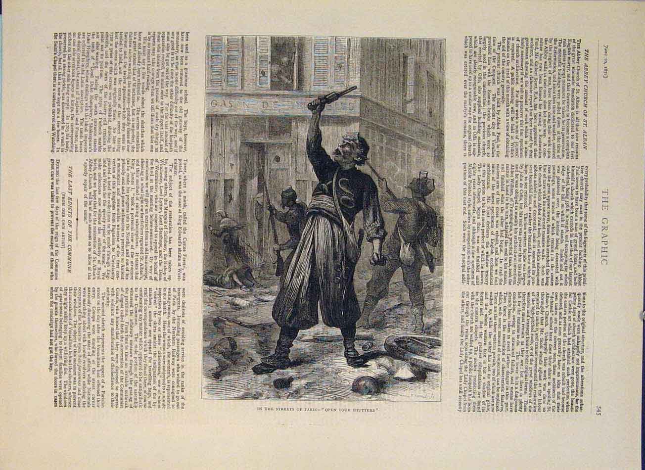 Original Old Antique Print Street Paris France Open Shutters 1871 19th