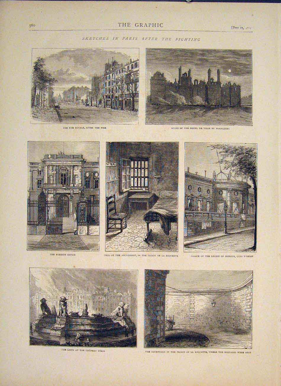 Original Old Antique Print Sketches Paris Fighting France Palace Castle 1871