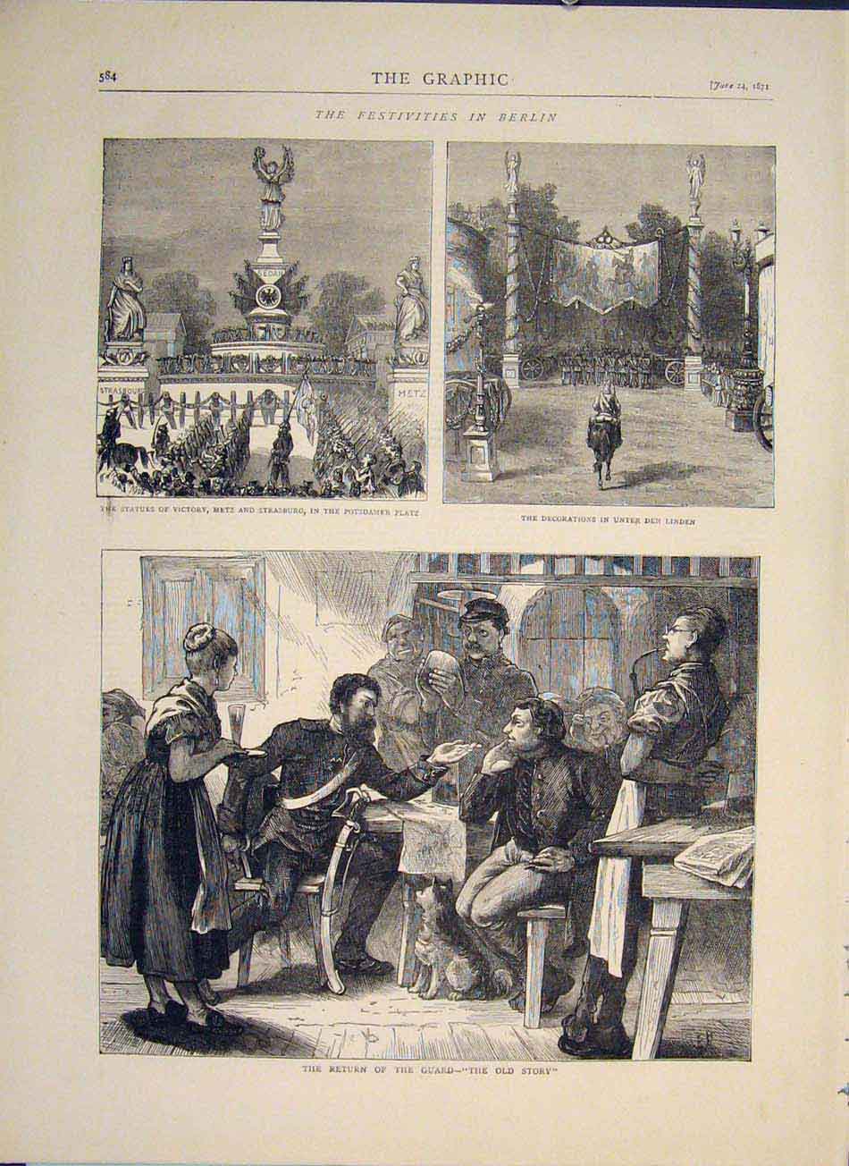 Original Old Antique Print Metz Strasburg Unter Den Linden Guard Berlin Festival