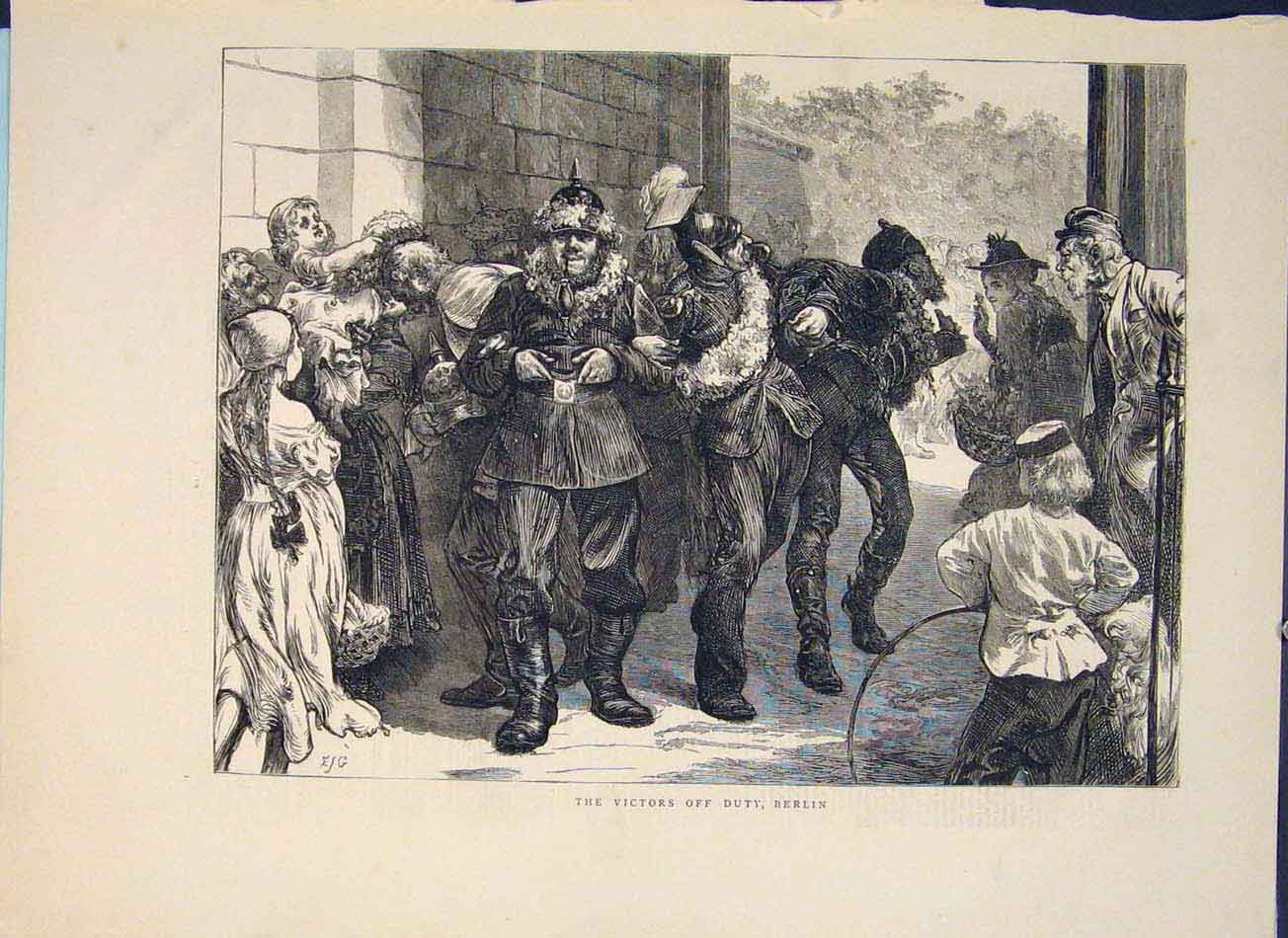 Original Old Antique Print Victors Off Duty Berlin Germany 1871 19th