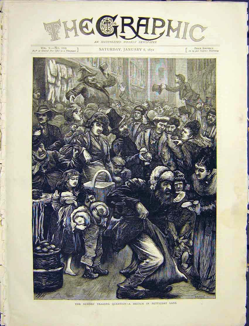 Original Old Antique Print Sunday Trading Petticoat Lane 1872 19th