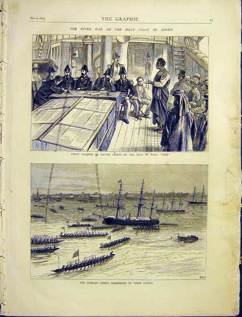 Original Old Antique Print Africa War River Hms Dido Canoes Native Chief 1872
