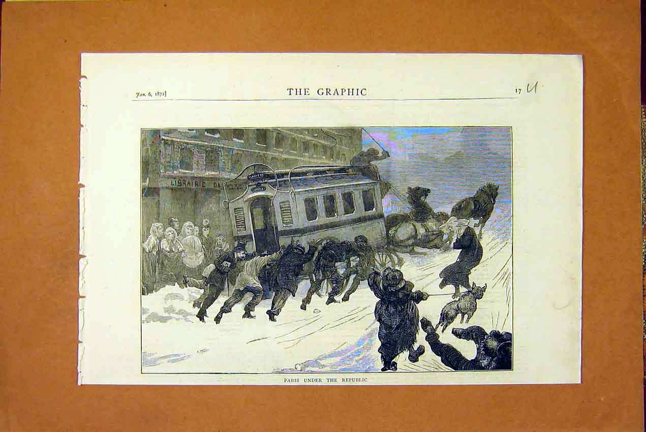 Old Antique Print Paris Republic Street Carriage Snow French France 1872 19th