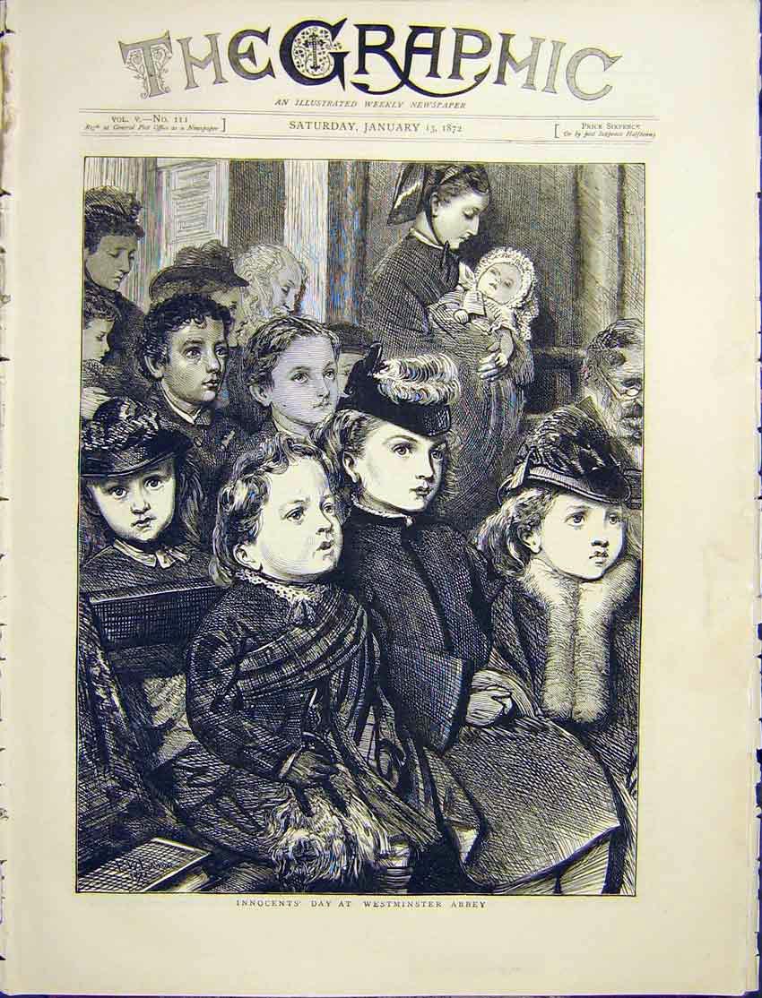 Original Old Antique Print Innocents Day Westminster Abbey Children 1872 19th