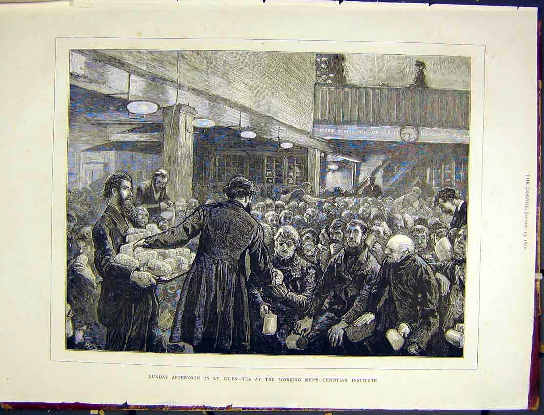 Original Old Antique Print St. Giles Christian Institute Sunday Mass 1872 19th
