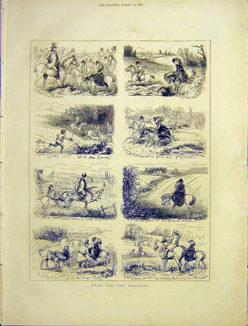 Original Old Antique Print Holidays Sketches Children Ponies Riding 1872 19th