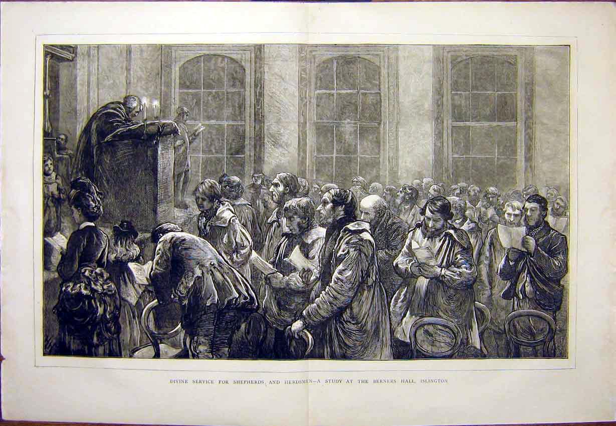 Original Old Antique Print Shepherds Herdsmen Berners Hall Islington 1872 19th