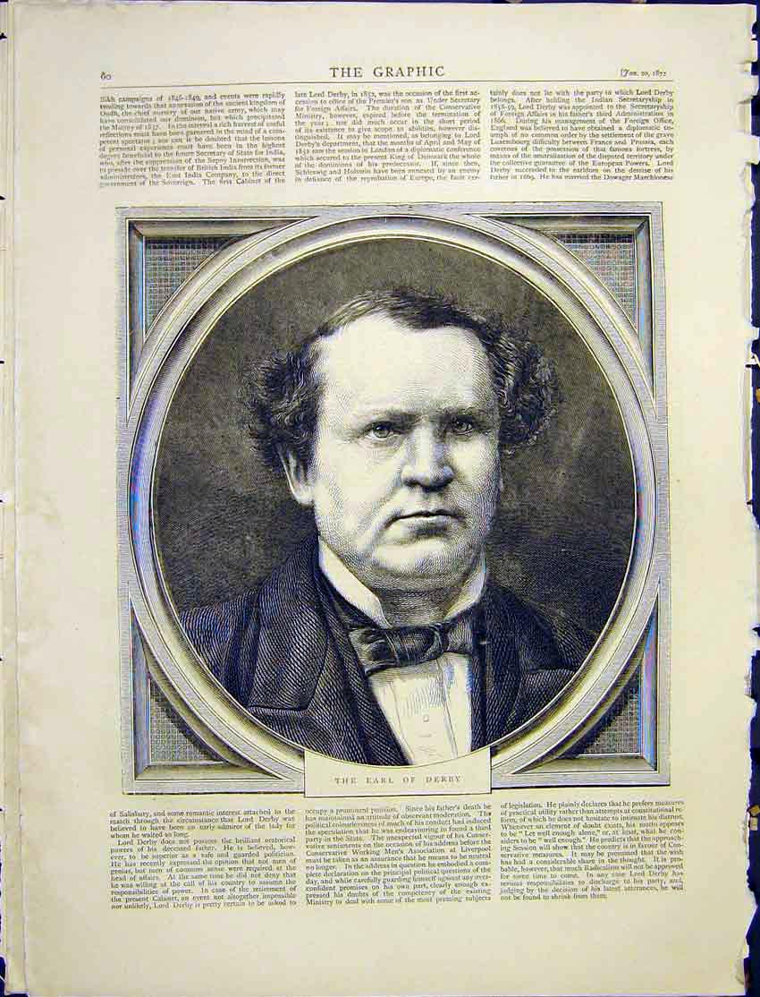Original Old Antique Print Portrait Earl Derby 1872 19th Century