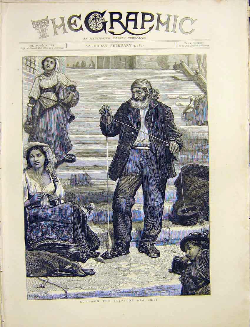 Original Old Antique Print Rome Italy Ara Coeli Steps Tramp Girl Man Dog 1872