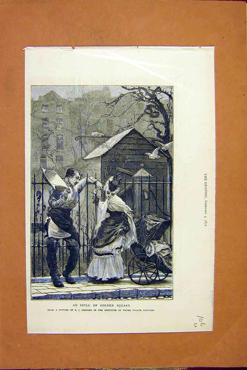 Original Old Antique Print Idyll Gen Square Gregory Lady Man Fine Art 1872 19th