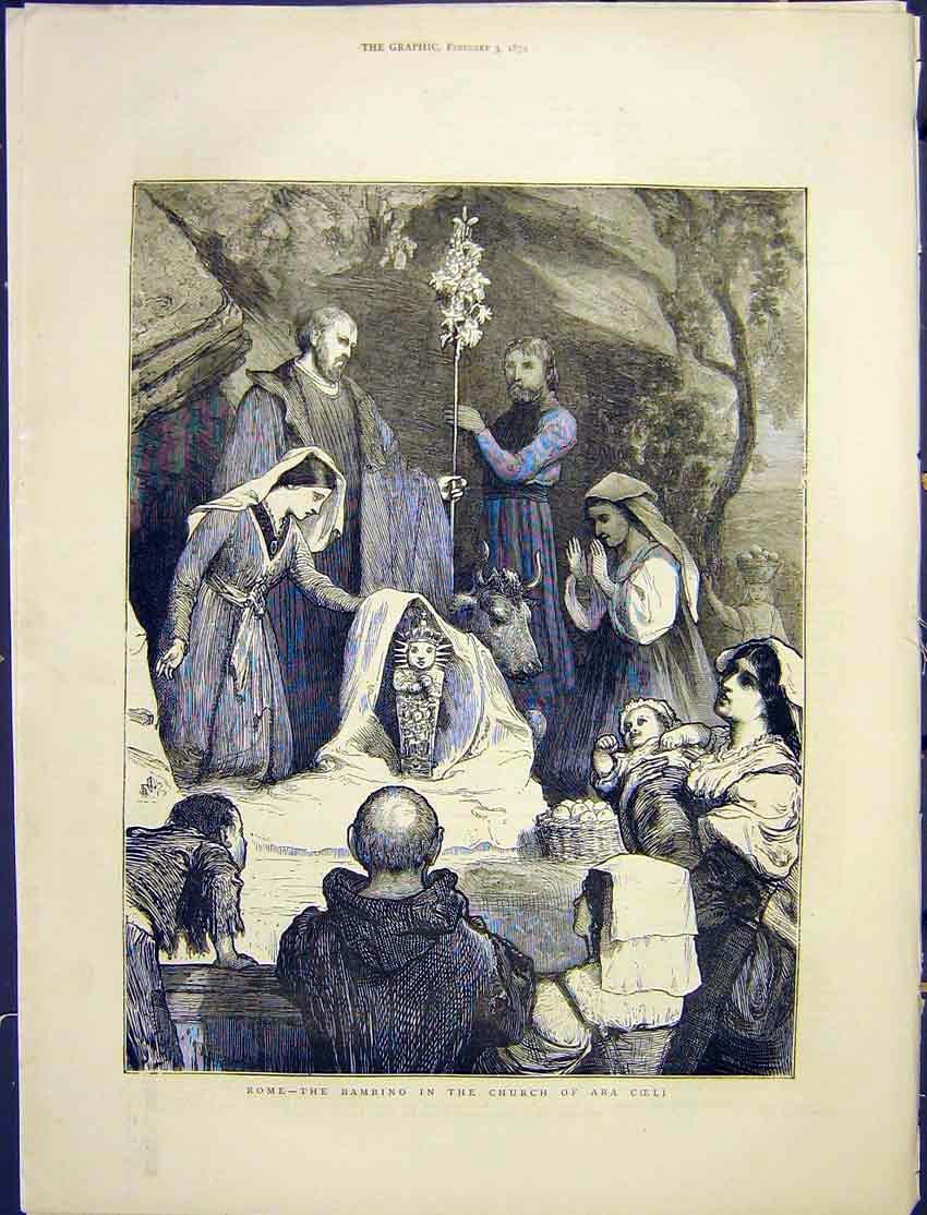 Original Old Antique Print Rome Italy Church Ara Coeli Bambino 1872 Victorian