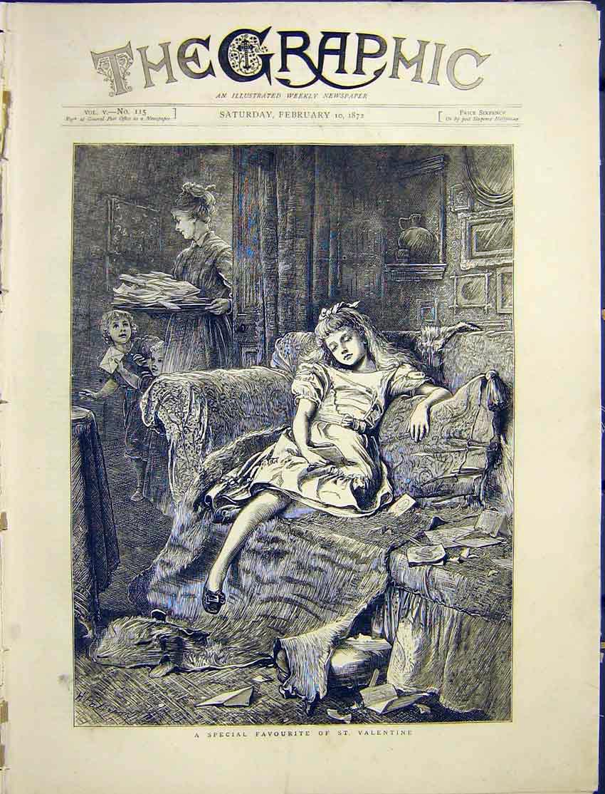 Original Old Antique Print St. Valentine Girl Mother Boy Sitting 1872 Victorian