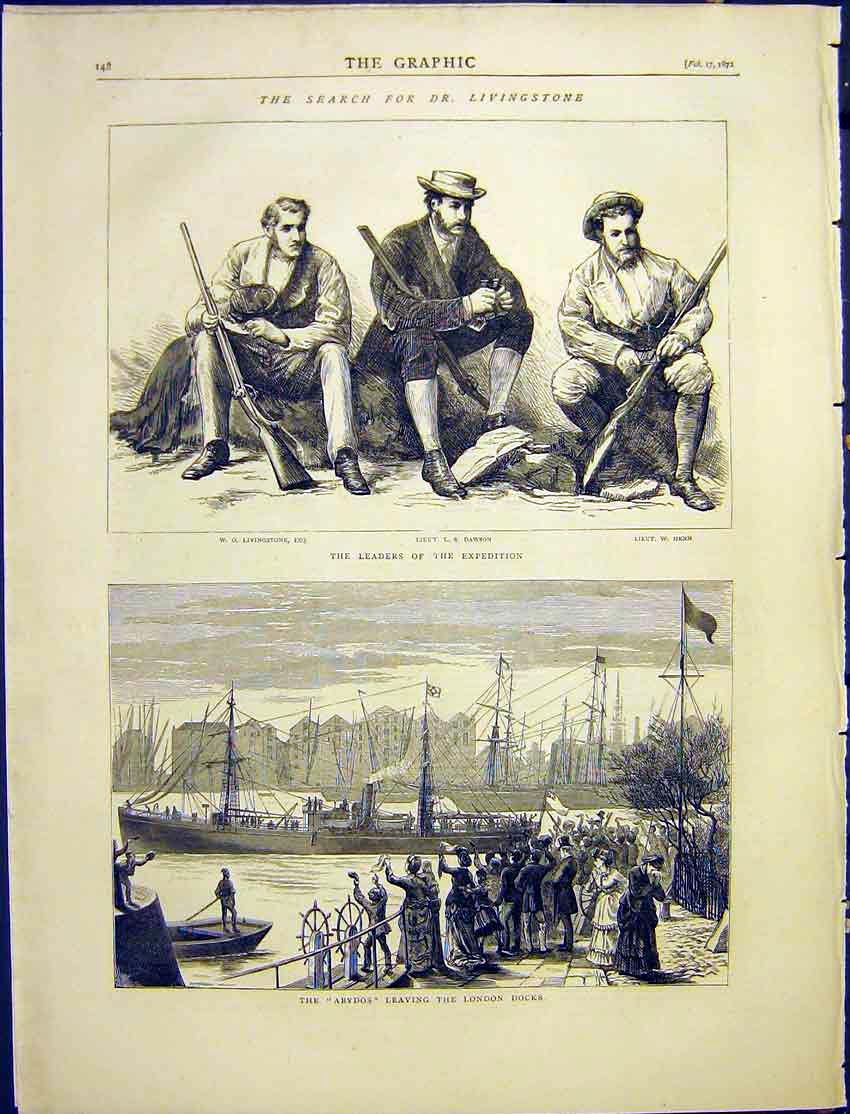 Original Old Antique Print Steamship Abydos London Docks Livingstone Expedition