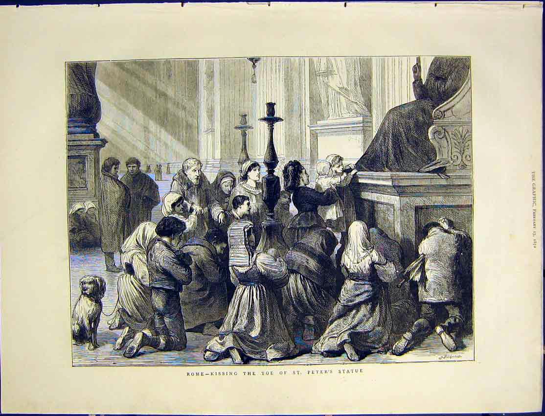 Original Old Antique Print Rome Italy St. Peter Kissing Toe 1872 19th
