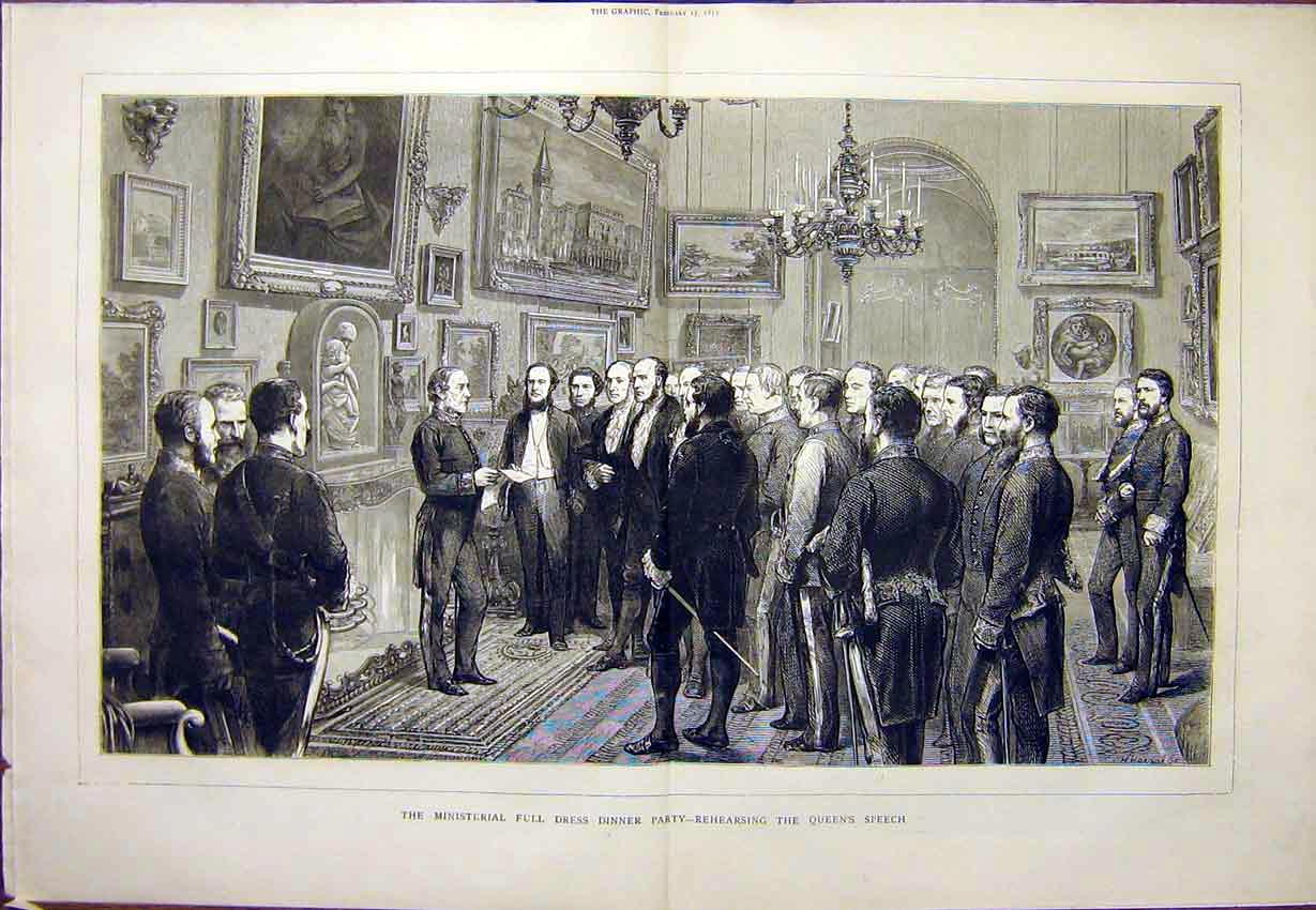 Original Old Antique Print Queens Speech Ministerial Party Dress Gent 1872 19th