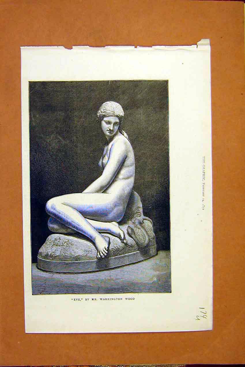 Original Old Antique Print Eve Warrington Wood Statue Lady Sculpture 1872 19th