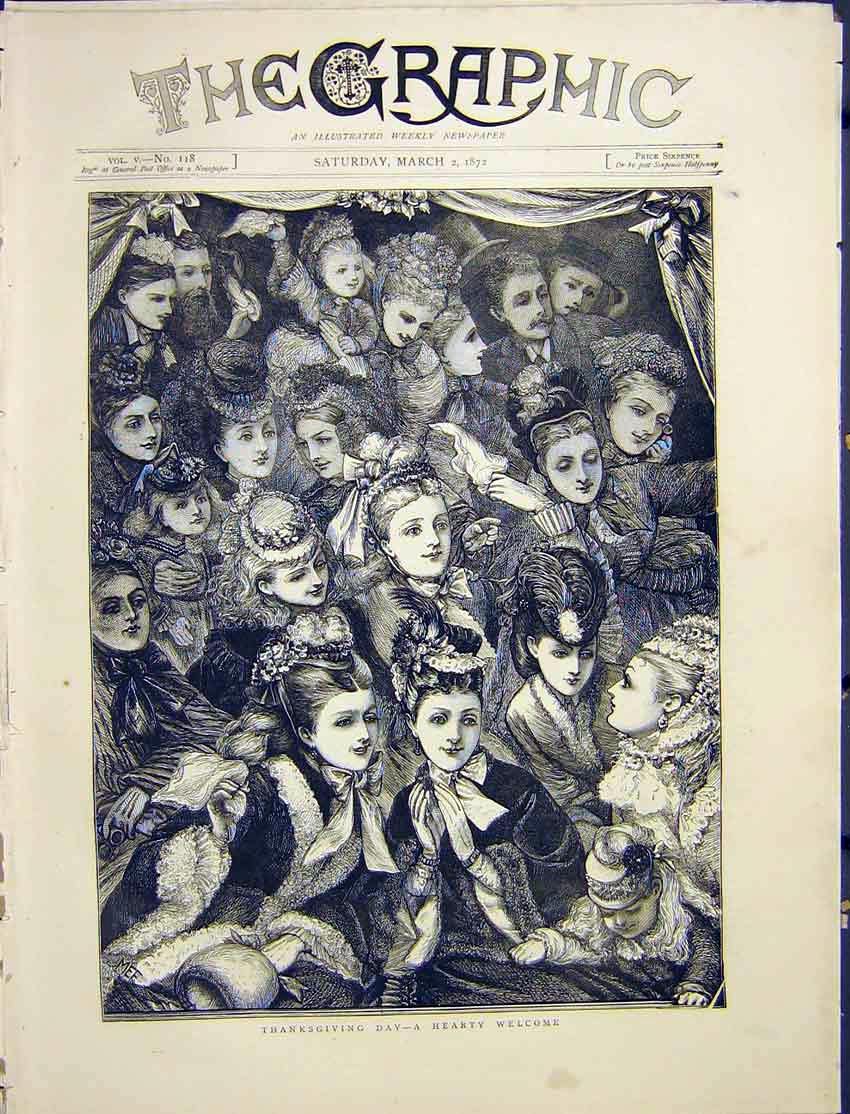 Original Old Antique Print Thanksgiving Day Sketch Women 1872 19th