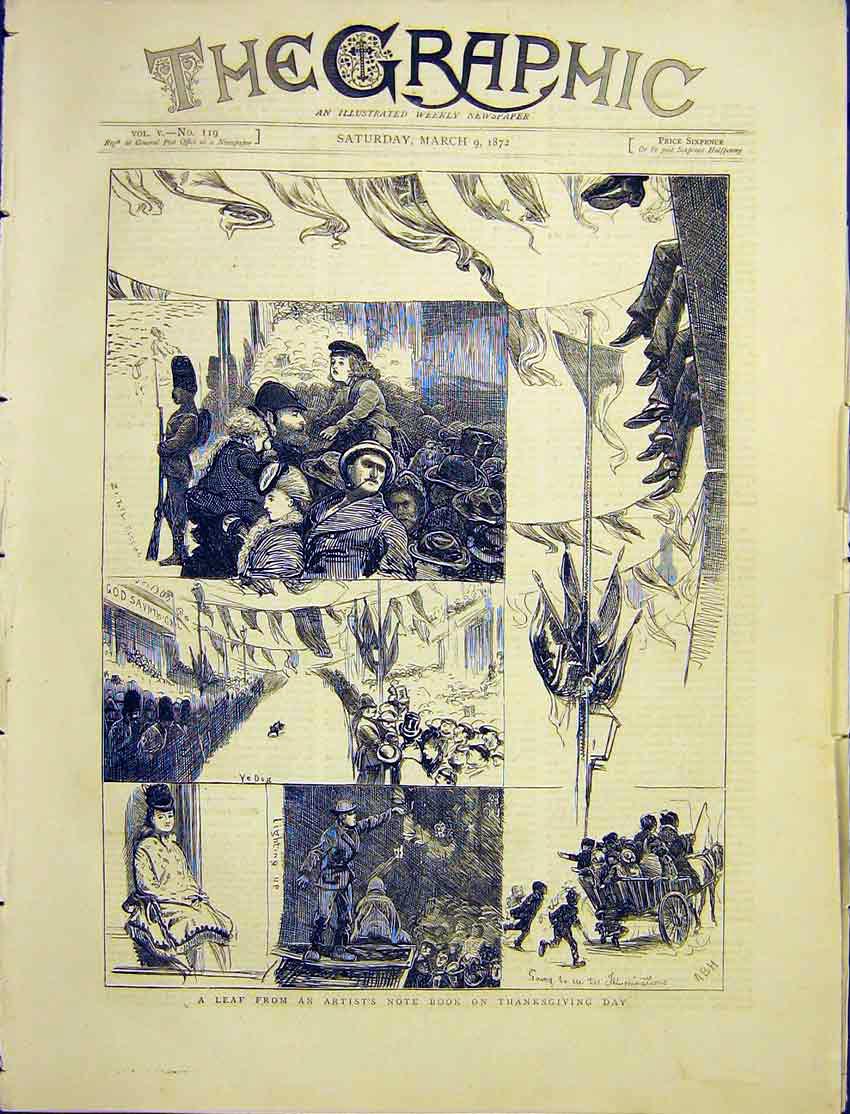 Original Old Antique Print Artist Sketches Thanksgiving Day Notes 1872 Victorian