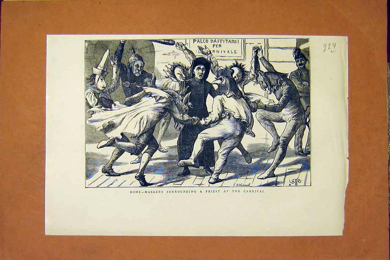 Original Old Antique Print Rome Maskers Priest Carnival Italy Street 1872 19th