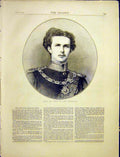 Original Old Antique Print Louis 11 King Bavaria Portrait Fine Art 1872