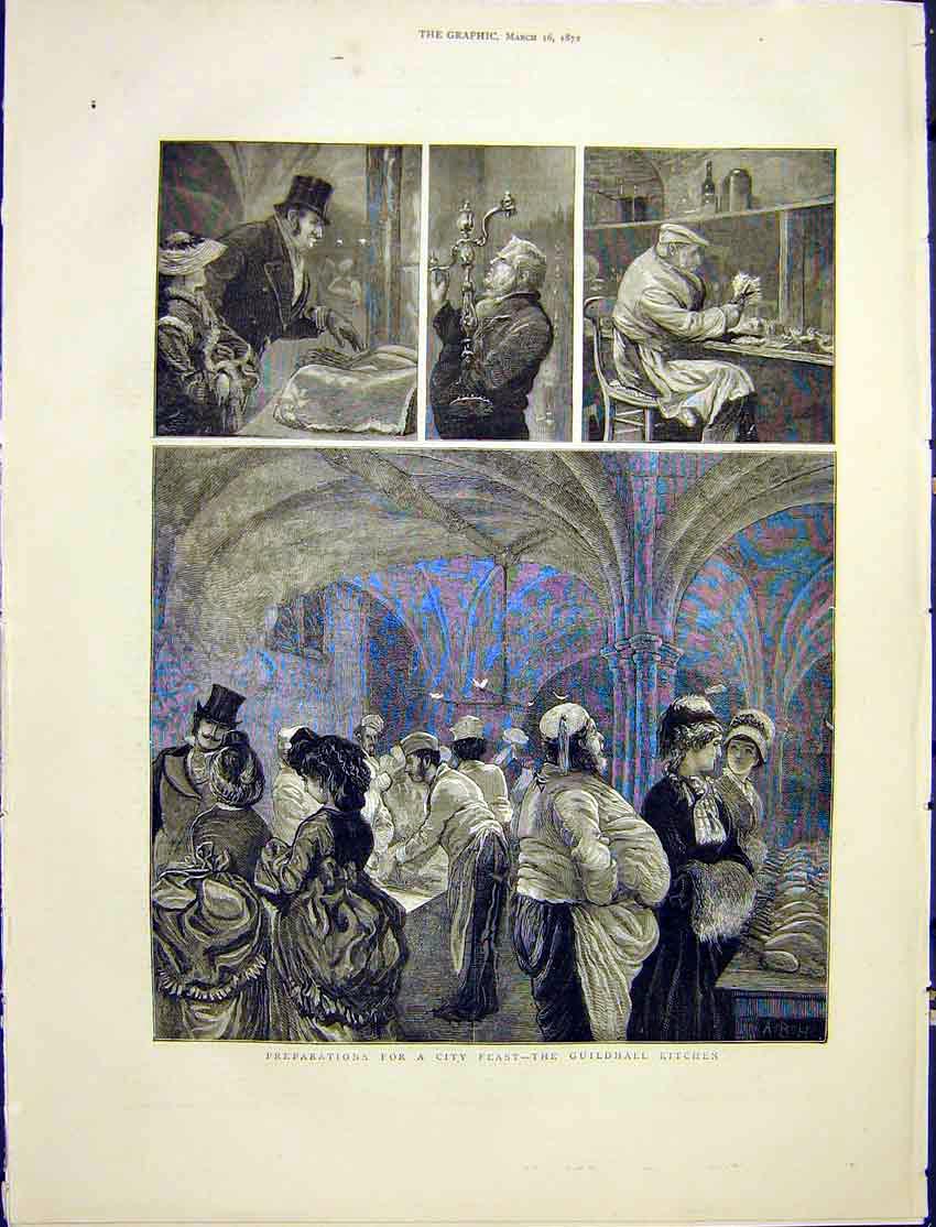 Original Old Antique Print Guildhall Kitchen Feast London England 1872 Victorian