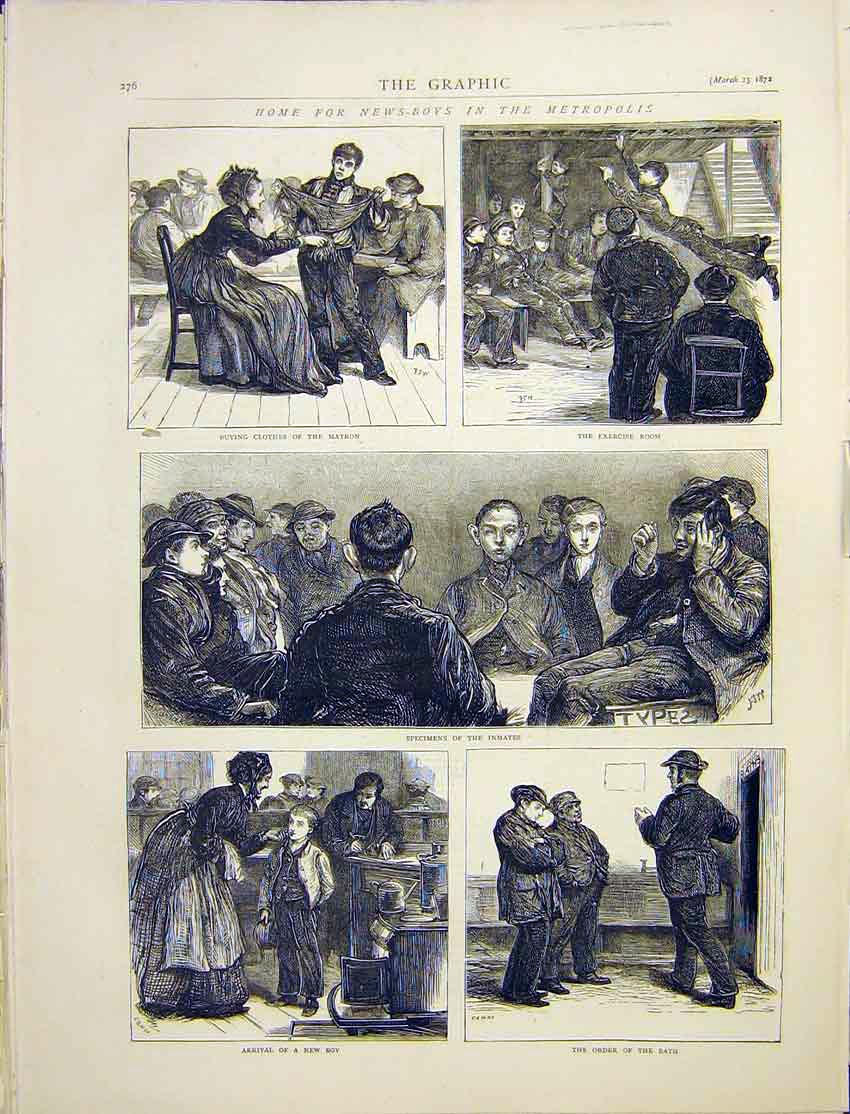 Original Old Antique Print Newsboy Home Metropolis Inmates Matron 1872 Victorian