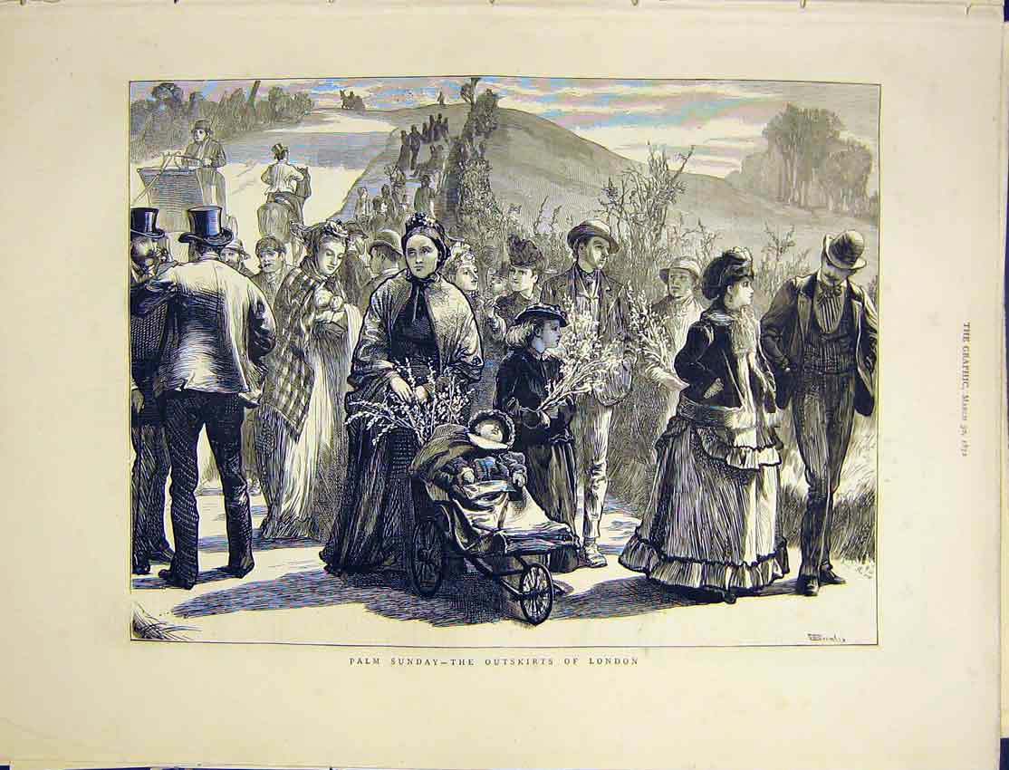 Original Old Antique Print Palm Sunday London Pushchair Baby Girl Man 1872 19th
