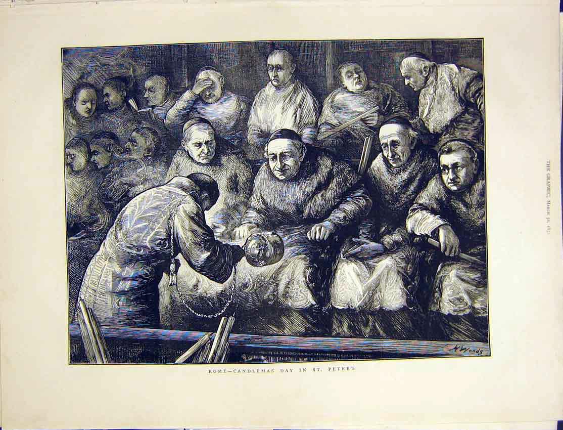 Original Old Antique Print Rome Italy Candlemas Day St. Peter'S 1872 Victorian