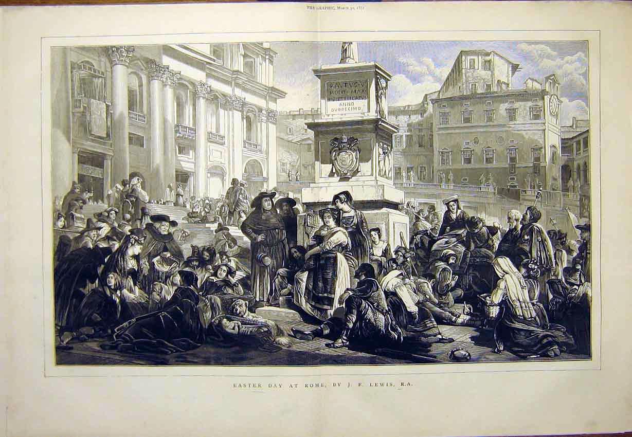 Original Old Antique Print Easter Day Rome Lewis Italy 1872 19th