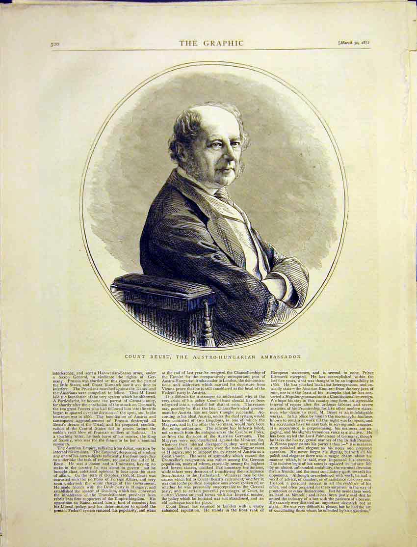 Antique Old Print *0020 Portrait Count Beust Austro-Hungarian Ambassador 1872