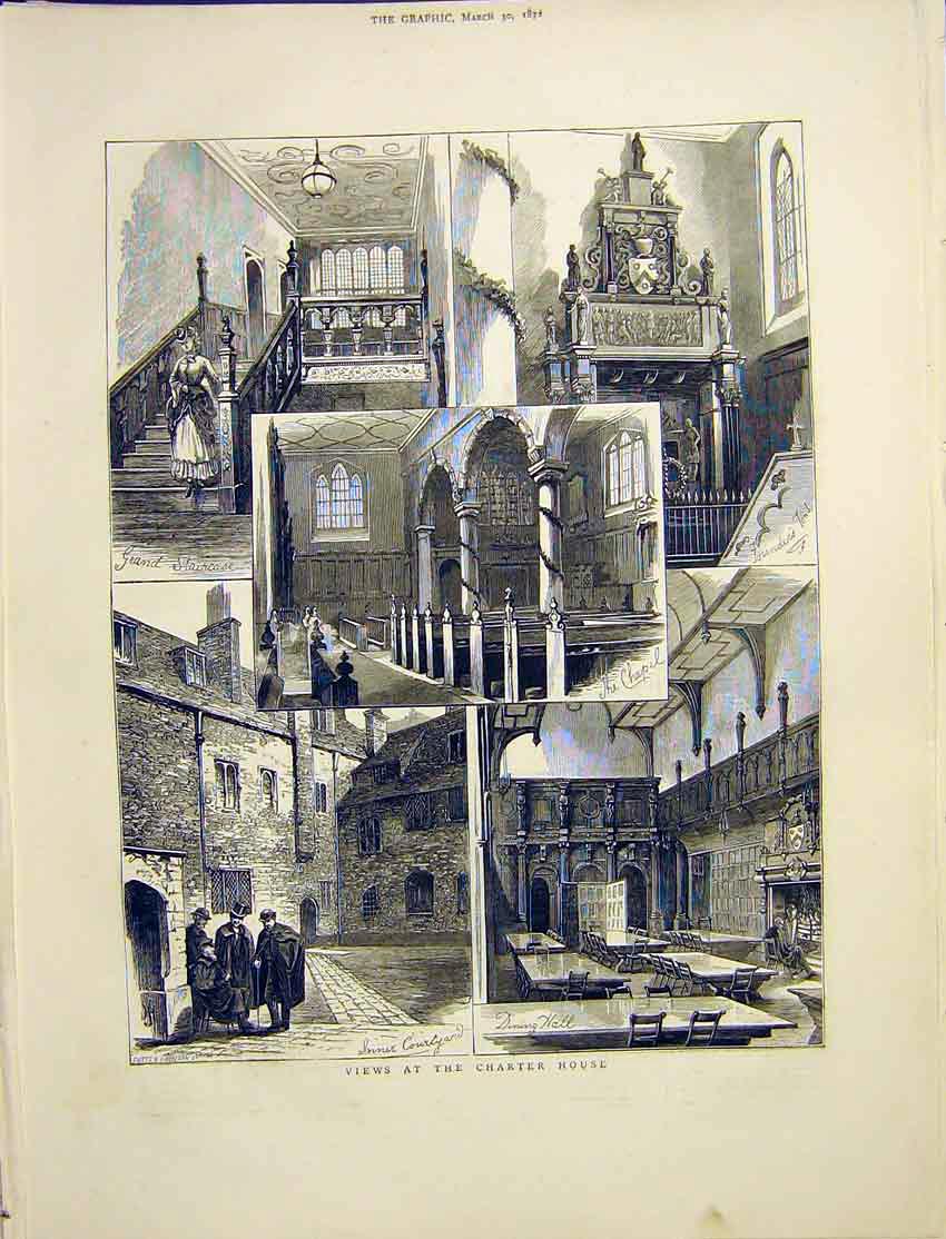 Original Old Antique Print Charter House Courtyard Chapel Tomb 1872 Victorian