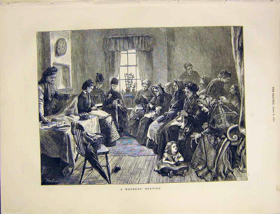 Original Old Antique Print Sketch Mother Meeting Room Baby Girl Ladies 1872 19th