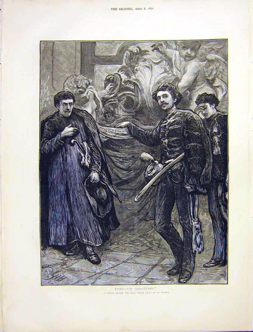 Original Old Antique Print Rome Italy Sketch Holy Basin St. Peter'S 1872 19th