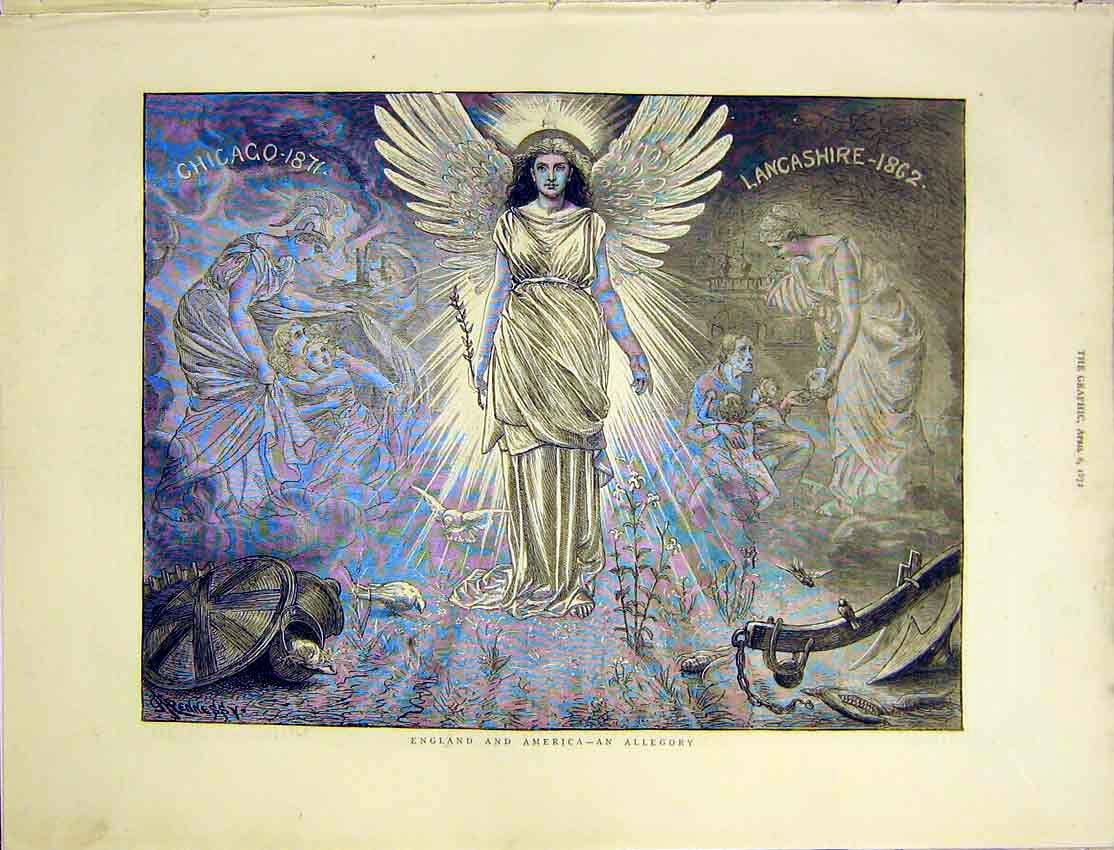 Original Old Antique Print Enland America Allegory Chicago Lancashire 1872 19th