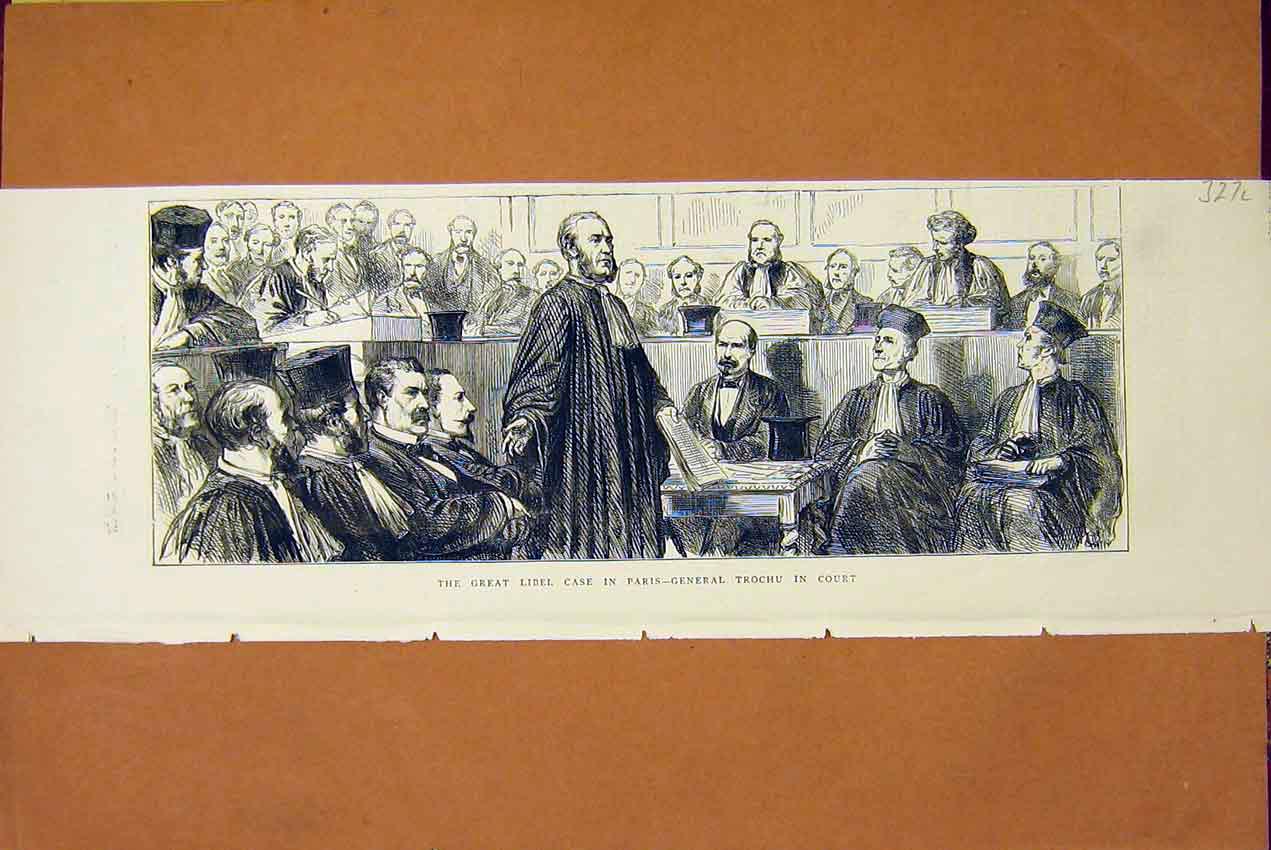 Original Old Antique Print Libel Case Paris General Trochu Court 1872 Victorian