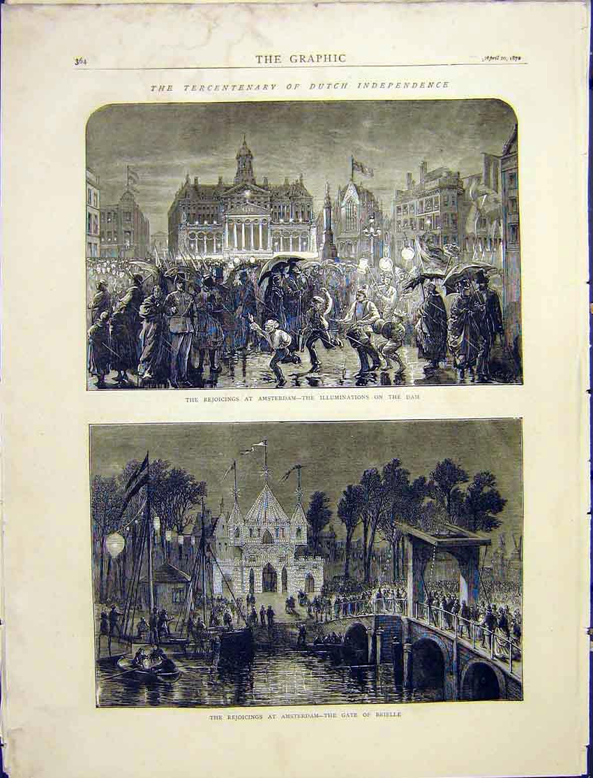 Original Old Antique Print Tercentenary Dutch Independence Amsterdam 1872 19th