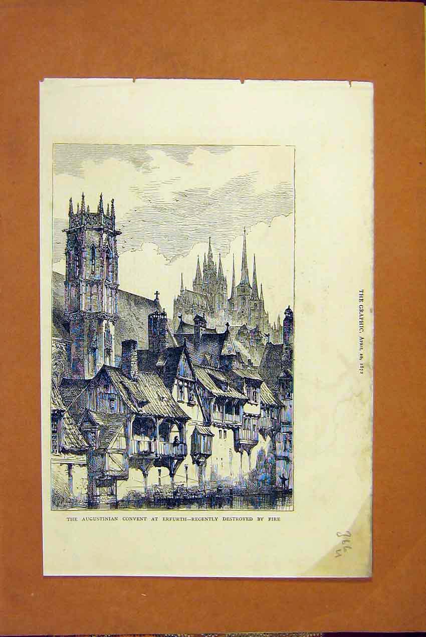 Original Old Antique Print Augustinian Convent Erfurth Fire 1872 19th