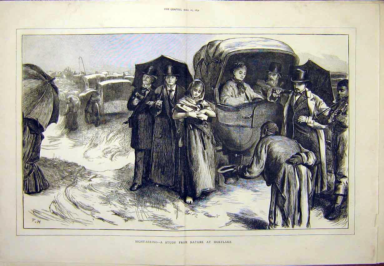 Original Old Antique Print Mortlake Nature Study Lady Child Gent 1872 Victorian