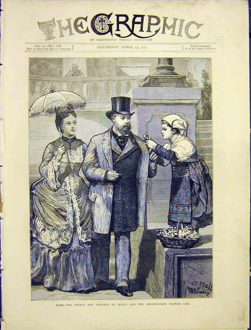 Original Old Antique Print Rome Prince Wales Flower Girl Princess 1872 Victorian