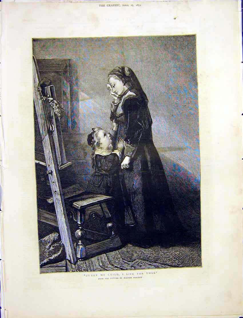 Original Old Antique Print Bisscop Painting Mother Daughter Child Fine Art 1872