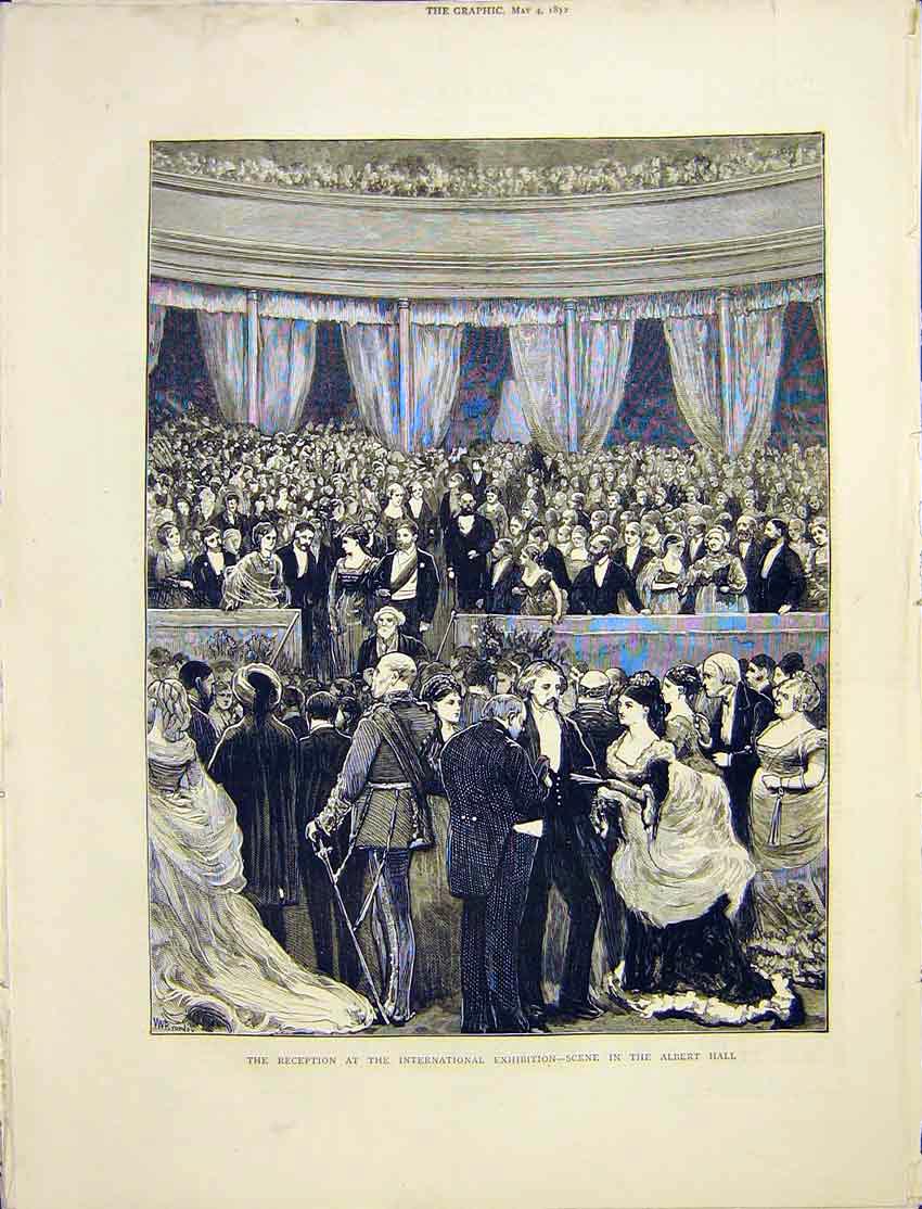 Original Old Antique Print Albert Hall Ladies Gentlemen Exhibition 1872 19th