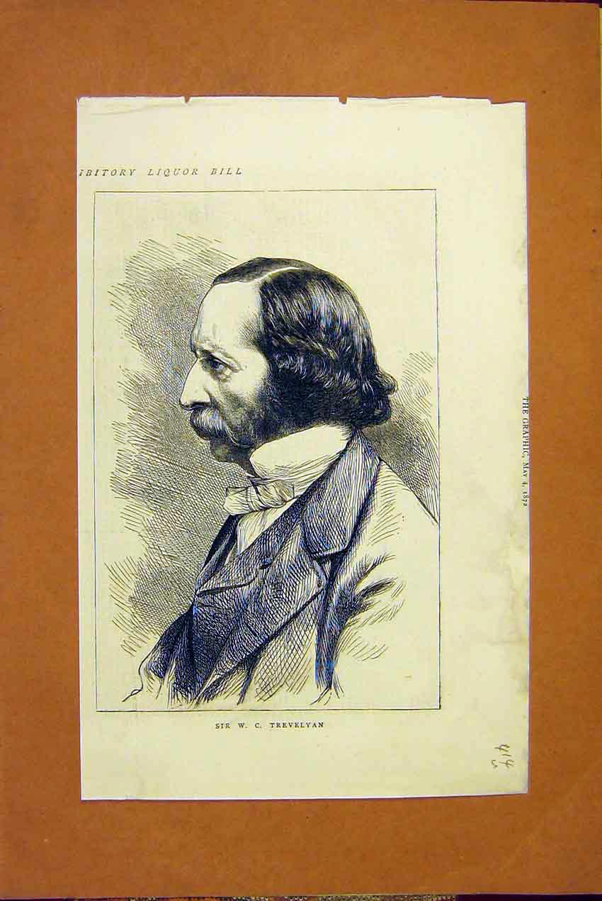 Original Old Antique Print Portrait Sir Trevelyan Liquor Bill 1872 Victorian