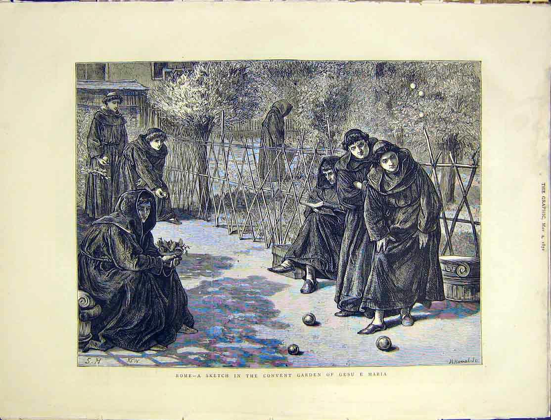 Original Old Antique Print Rome Italy Convent Garden Gesu E Maria Bowls 1872