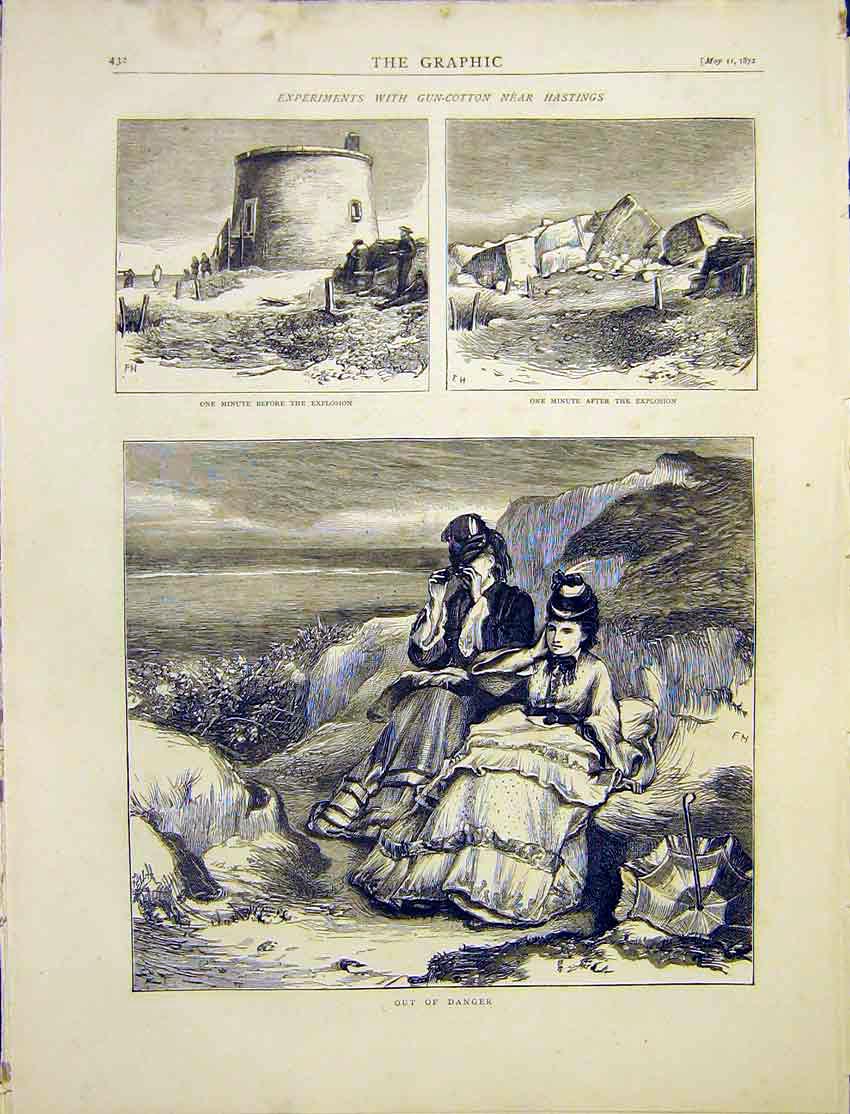 Original Old Antique Print Gun-Cotton Experiment Explosion 1872 19th